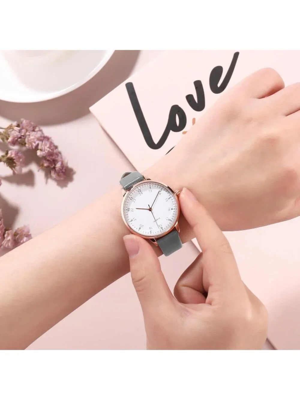 Women's Grey White Dainty Analog Leather Waterproof Reloj Para Mujer Wrist Watch
